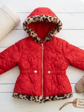 Pistachio Girls Red Quilted Hooded Coat 24M Leopard Trim Heart Buttons